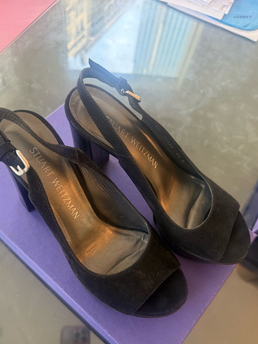 Stuart Weitzman Black Suede Open-Toe Slingback Block Heels